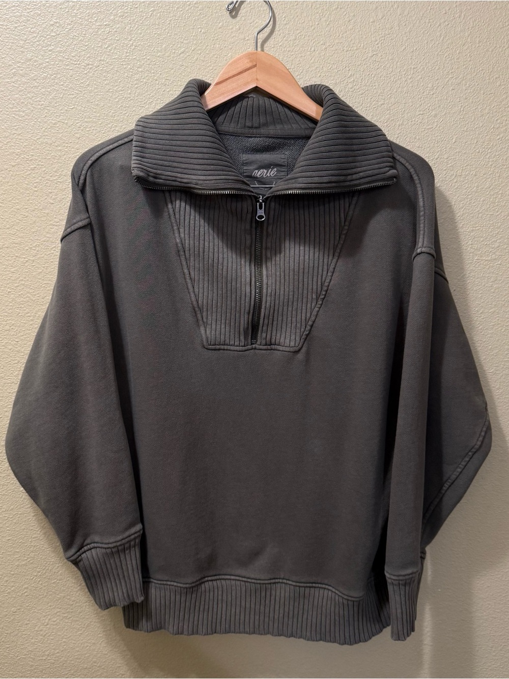 Women’s Small Aerie Green 1/4 Zip Oversized Ribbed Pullover Long Sleeve Sweater